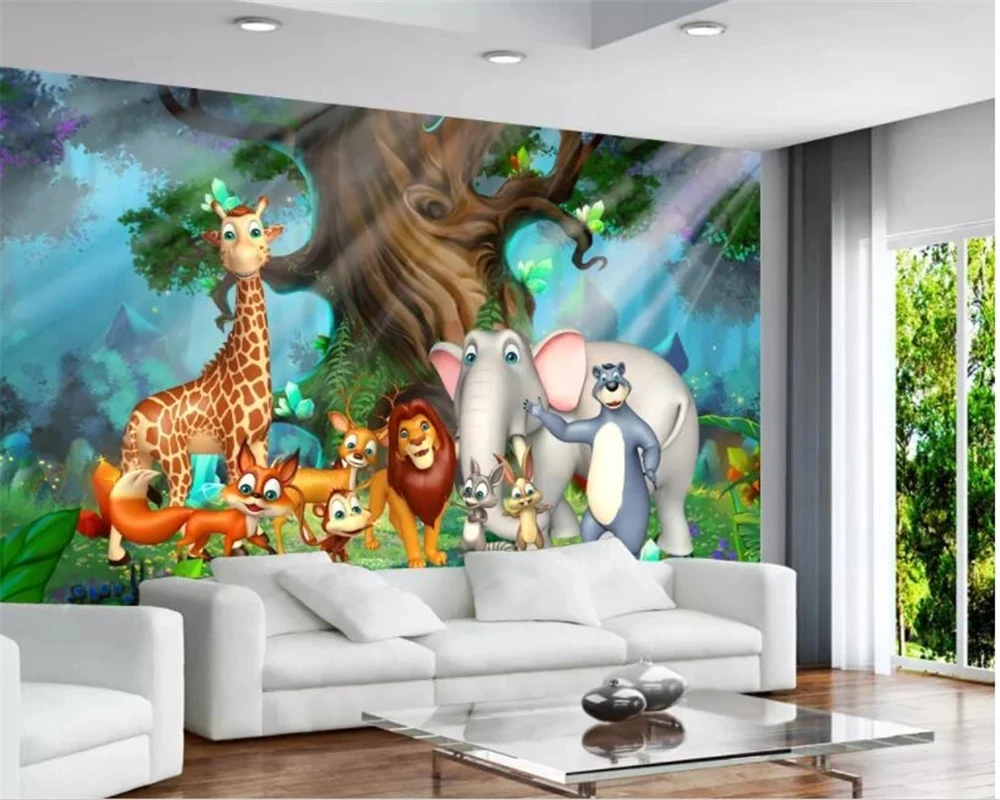 Customized wallpaper 3D Cartoon Forest Giraffe Elephant Animal World Children's Room mural Living room TV background bedroom 8d