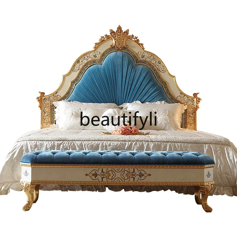 

French fabric double bed retro luxury solid wood sticker wood leather bed