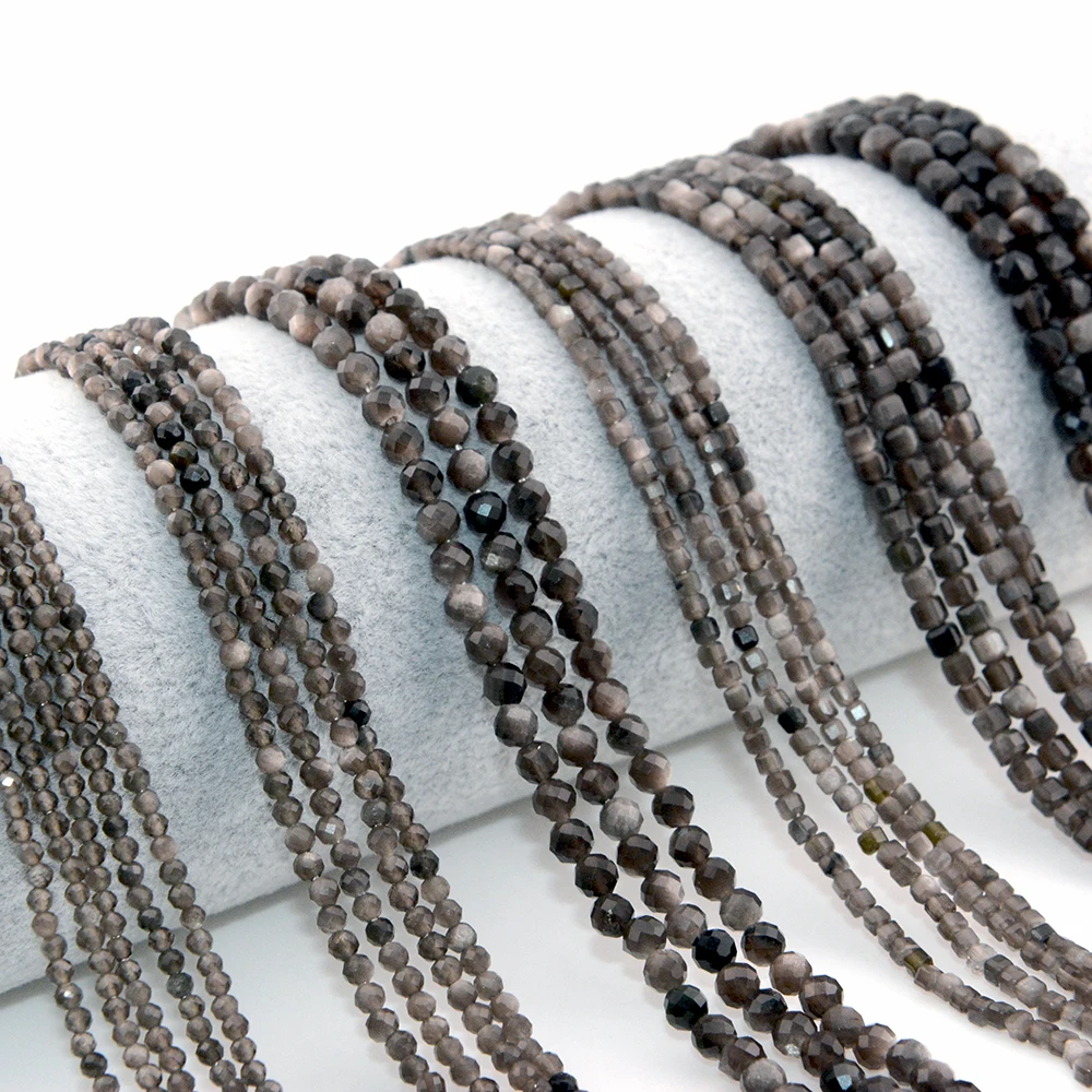 Natural Silver Sheen Obsidian Faceted Round / Cube Beads 2mm,3mm,4mm,Fine Jewelry Making Natural Gemstones DIY Necklace