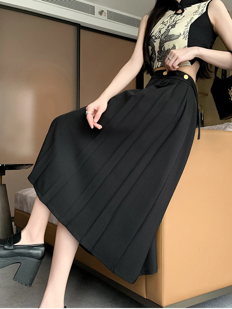 أنيقة البيج الأسود مطوي تنورة امرأة الربيع الصيف عالية الخصر خمر مكتب ارتداء دعوى التنانير الطويلة القوس ضمادة Falda Plisada