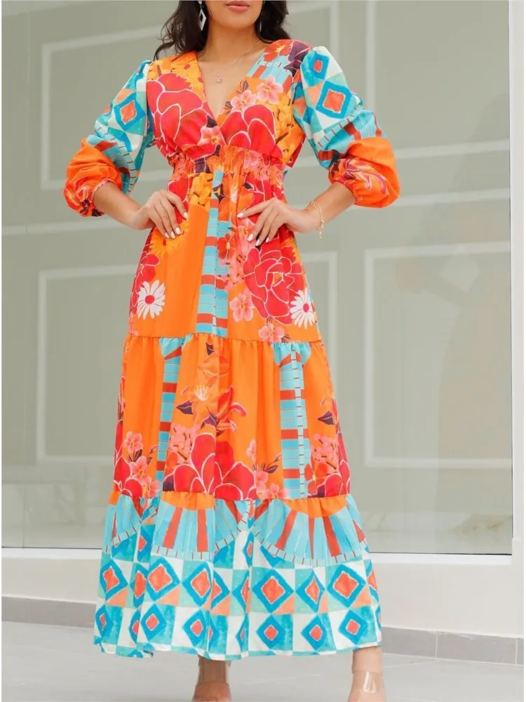 

2026 Spring and Summer New Women's Printed Retro Pattern V-Neck Dress, Stylish and Dignified Leisure Waist Cinched Printed Dress