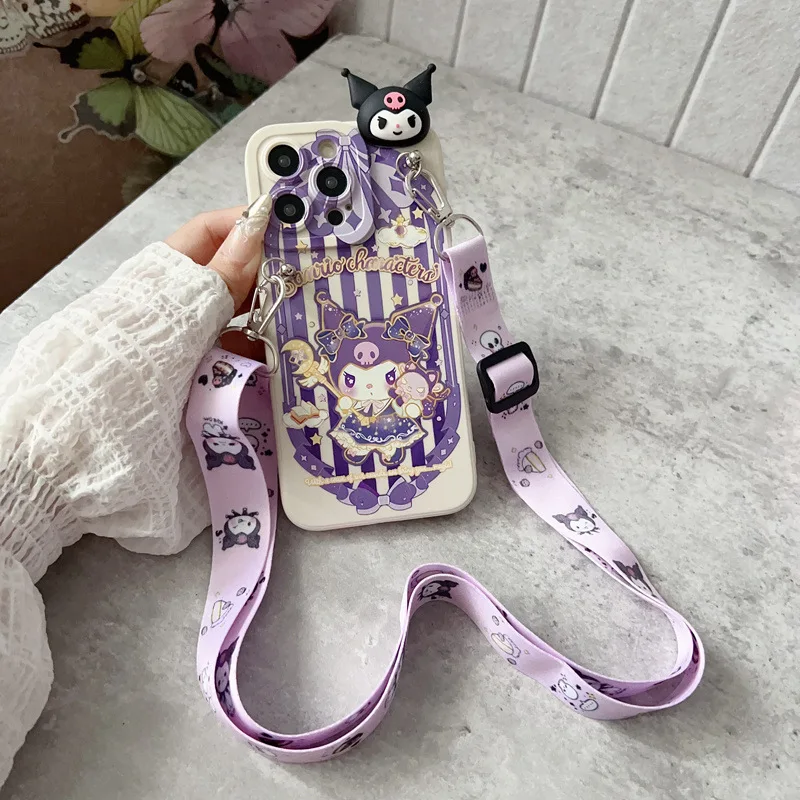 Funda de teléfono con cordón cruzado 3D Hello Kitty Kuromi para iPhone 16 15 14 13 12 11 Pro Max XS X XR 7 8 Plus cubierta a prueba de golpes