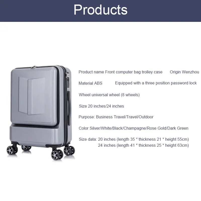 Bagaglio 20 "Business anteriore e posteriore doppia apertura Computer Layer Multi-Function Boarding trolley 24" Silent Universal Wheel