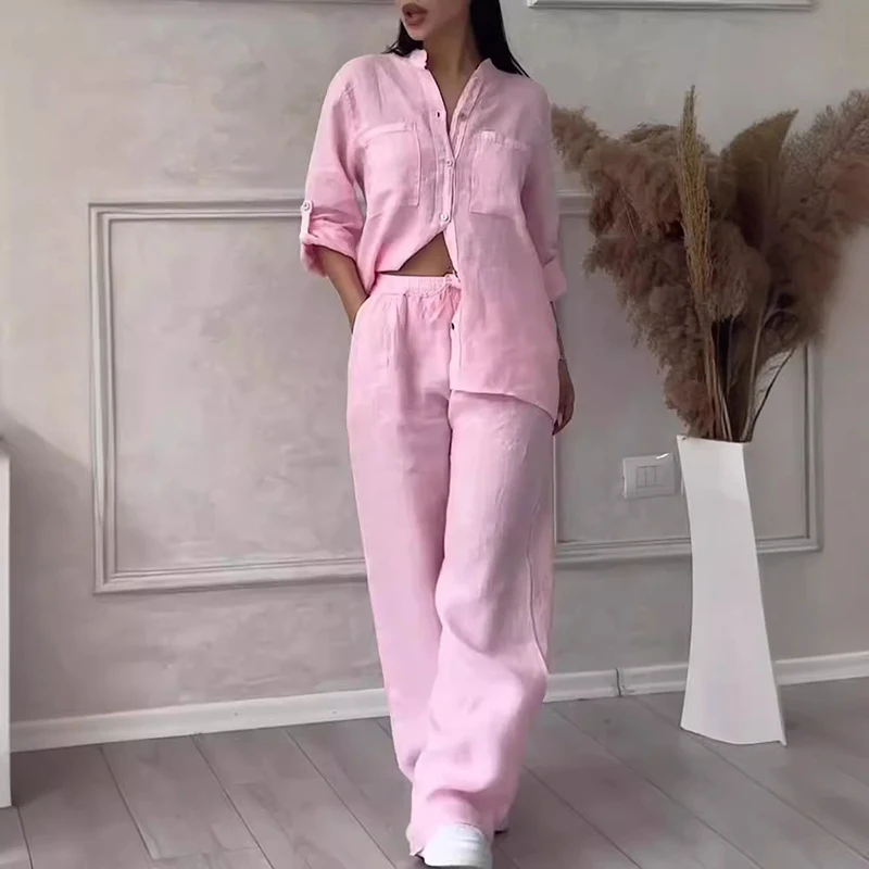 Primavera manica lunga puro set di due pezzi abiti da donna Casual colletto alla coreana bottone Top e pantaloni con coulisse abito estivo in cotone