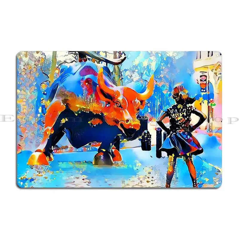 Wall Street Fearless Girl Meets The Bull In Vibrant Colors 20210726 Metal Plaque Poster Create Cinema Garage Tin Sign Poster