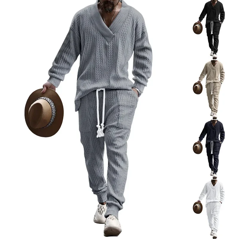 2024 Men\'s Knitted Suit Sets Long Sleeve V-neck Shirts and Drawstring Pants Sets Pockets Tracksuit Men\'s Solid Knitted 2PCS Sets