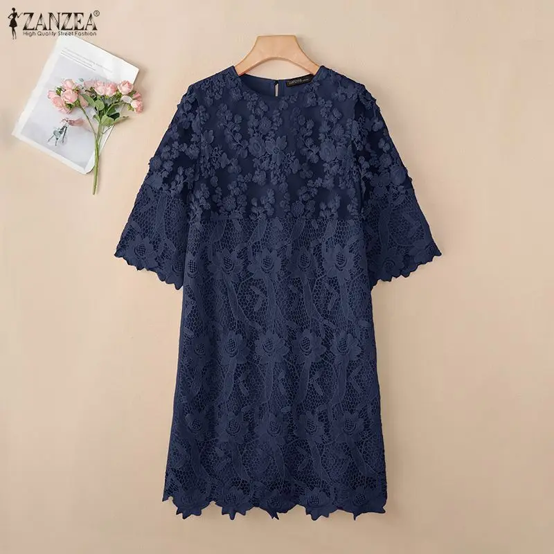 

Летнее женское элегантное платье с цветочной вышивкой, с круглым вырезом, рукавами 3/4, кружевными вставками, свободное, длиной до колена, ZANZEA, повседневные платья