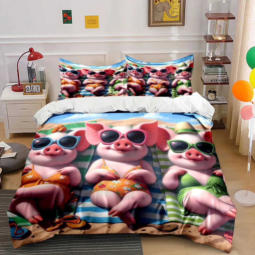 Pigs in swimsuits on beach chairs Printed Duvet Cover Set1 Duvet Cover+2 PillowcaseMulti Size Bedroom Bedding Decor