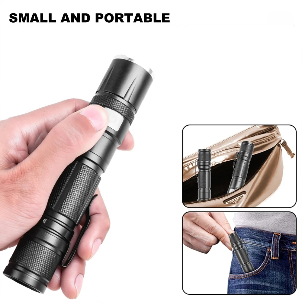 Tragbare LED-Taschenlampe, Teleskop-Zoom, Mini-Taschenlampe, wiederaufladbar, superhelle Handlichter, wasserdichte Angellaterne für den Außenbereich – Detail 12