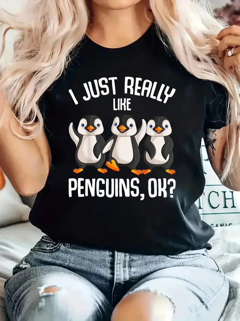 Cotton 100% European and American Penguin Print Round-neck Short-sleeved Women's Top Fashionable Base Layer Aesthetic Clothes
