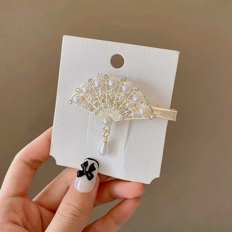 Imagen 6: Súper Hada, Clip para el pelo con forma de abanico, colgante de perla de diamantes de imitación, Clip lateral de pico de pato, accesorios para el cabello, Cheongsam Hanfu, accesorios para la cabeza