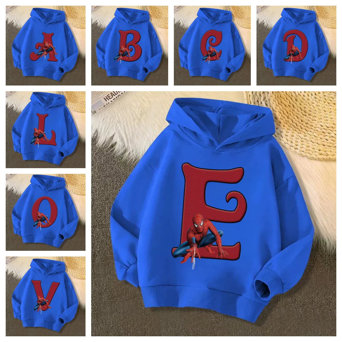 Spiderman Letter A-Z Girl Boy Sweatshirts Marvels Children Pullover Kawaii Cartoons Hoodies Kids Little Baby Casual Clothes Tops