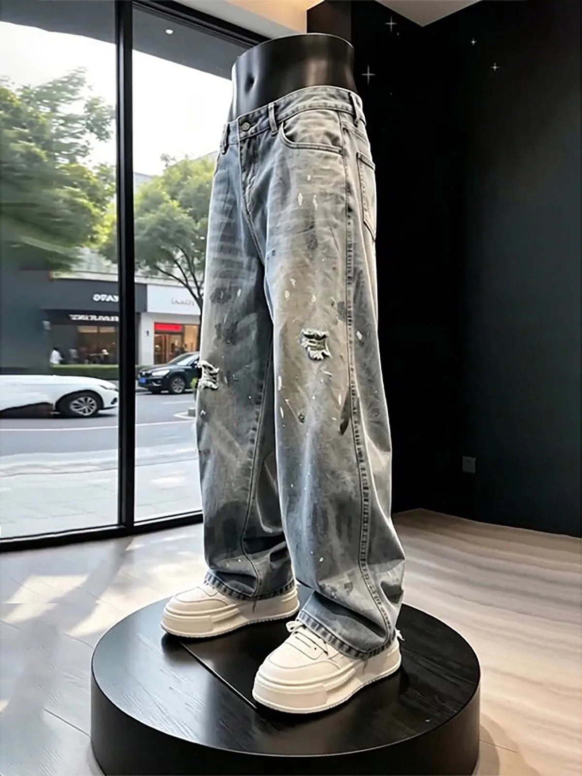 Blue Faded Washed Knife  Jeans Men's Straight Leg Workwear Slim Wide Leg Micro Flared Half Elastic Casual Denim Pants