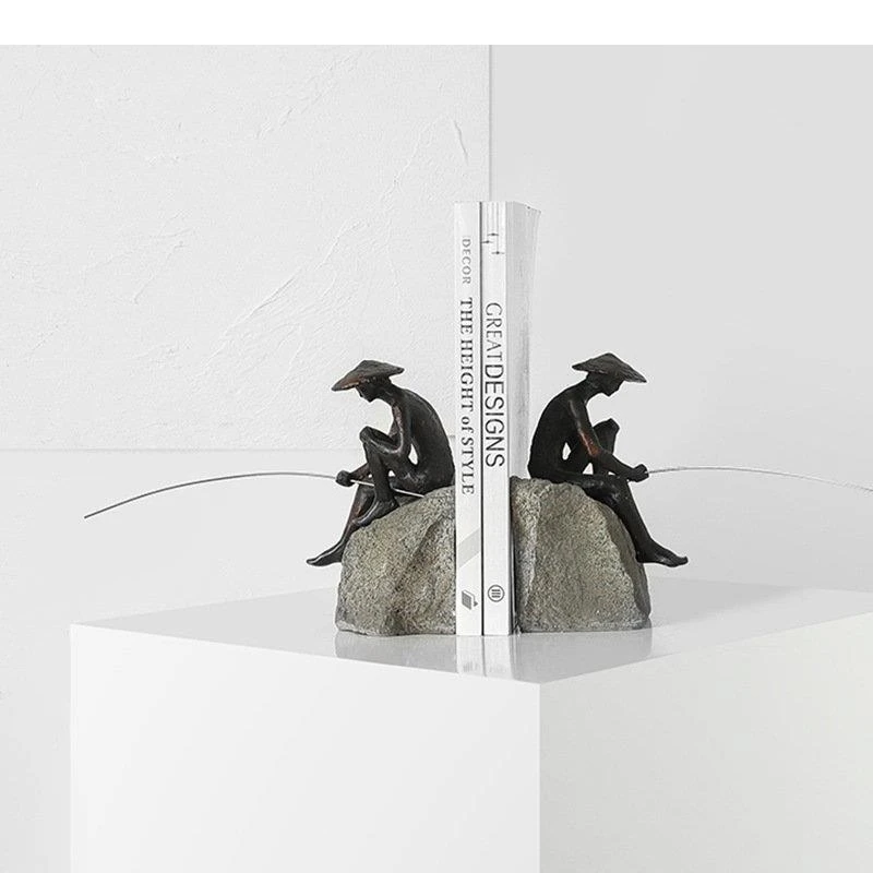 Fishermen Bookends Library Bookshelf Crafts Ornaments Fishing Figure Sculpture Desk Decoration Modern Home Decor