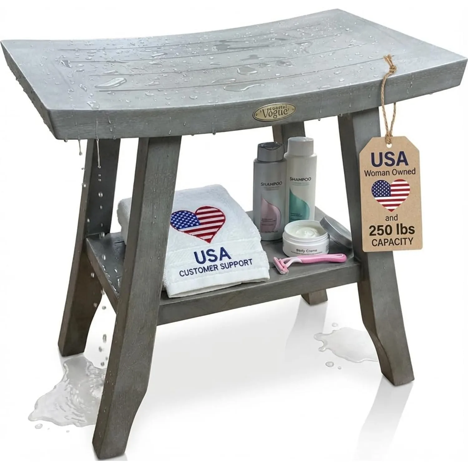 Satori Gray Waterproof Teak Wood Shower Bench Stool Seat Chair for Inside Shower Provides Safety, Storage, Customized
