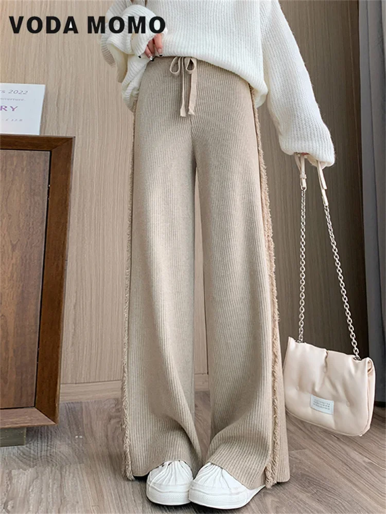 Temperament All-match Mopping Trousers High Waist Casual Vintage Soft Pants Women Solid Knitted Tender Drawstring Korean Style