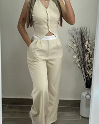 Conjunto de dos piezas para mujer, traje con cuello en V sin mangas, abotonado chaleco, Top informal con bolsillo, pantalones de pierna recta diarios, verano 2024