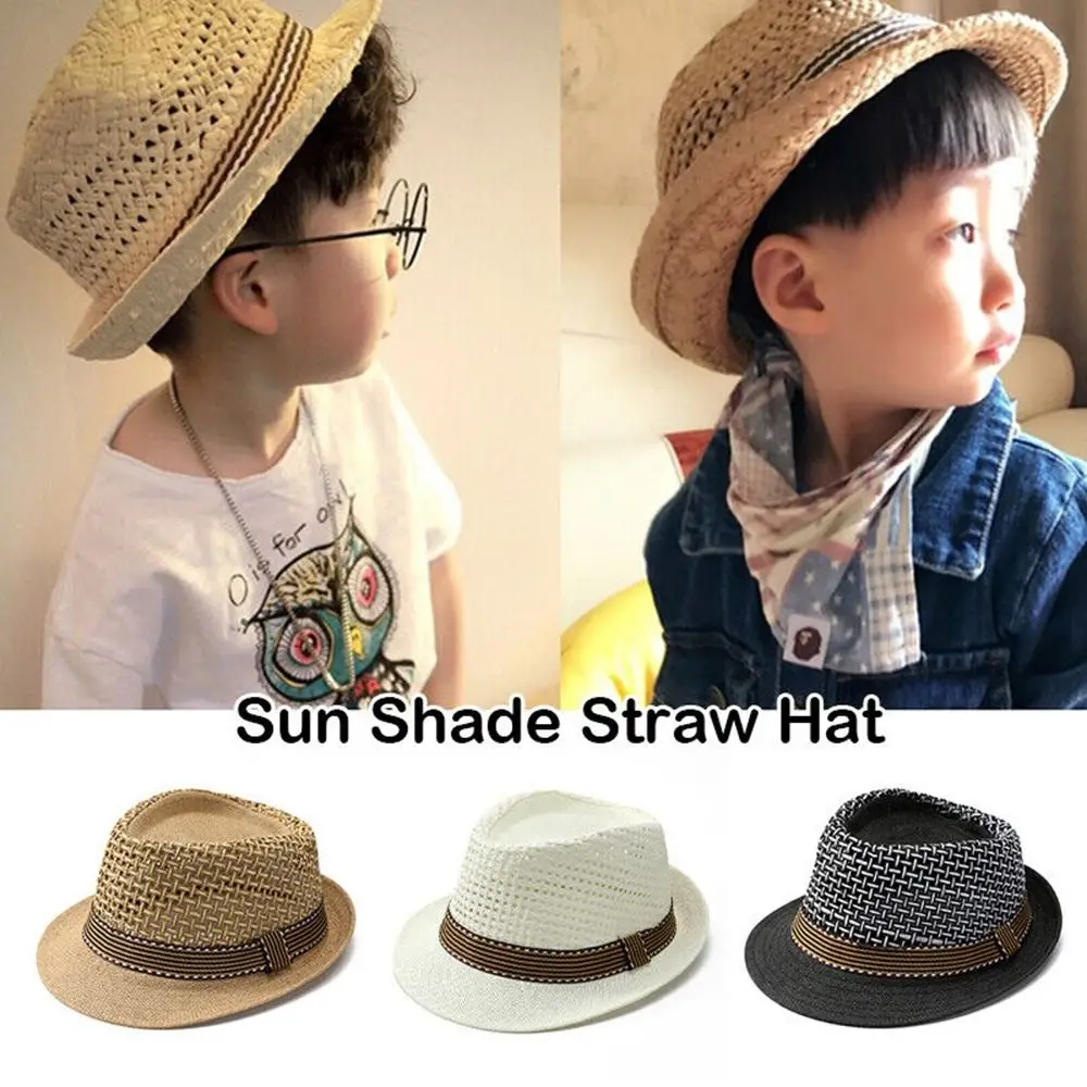 Outdoor Trilby Straw Fedora Hat Short Brim Breathable Vintage Sun Hat Adult Kids Straw Floral British Hat Man Summer Panama Caps