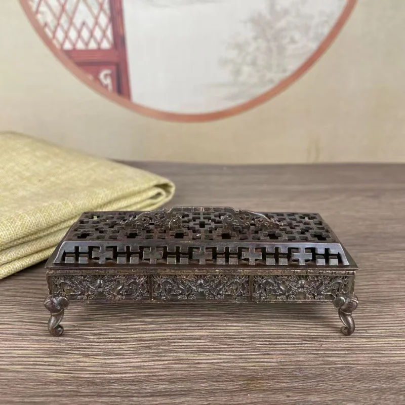 Antique-style Tibetan incense burner for home use, Buddhist interior decoration, Xuan De four-legged sandalwood hollow horizonta