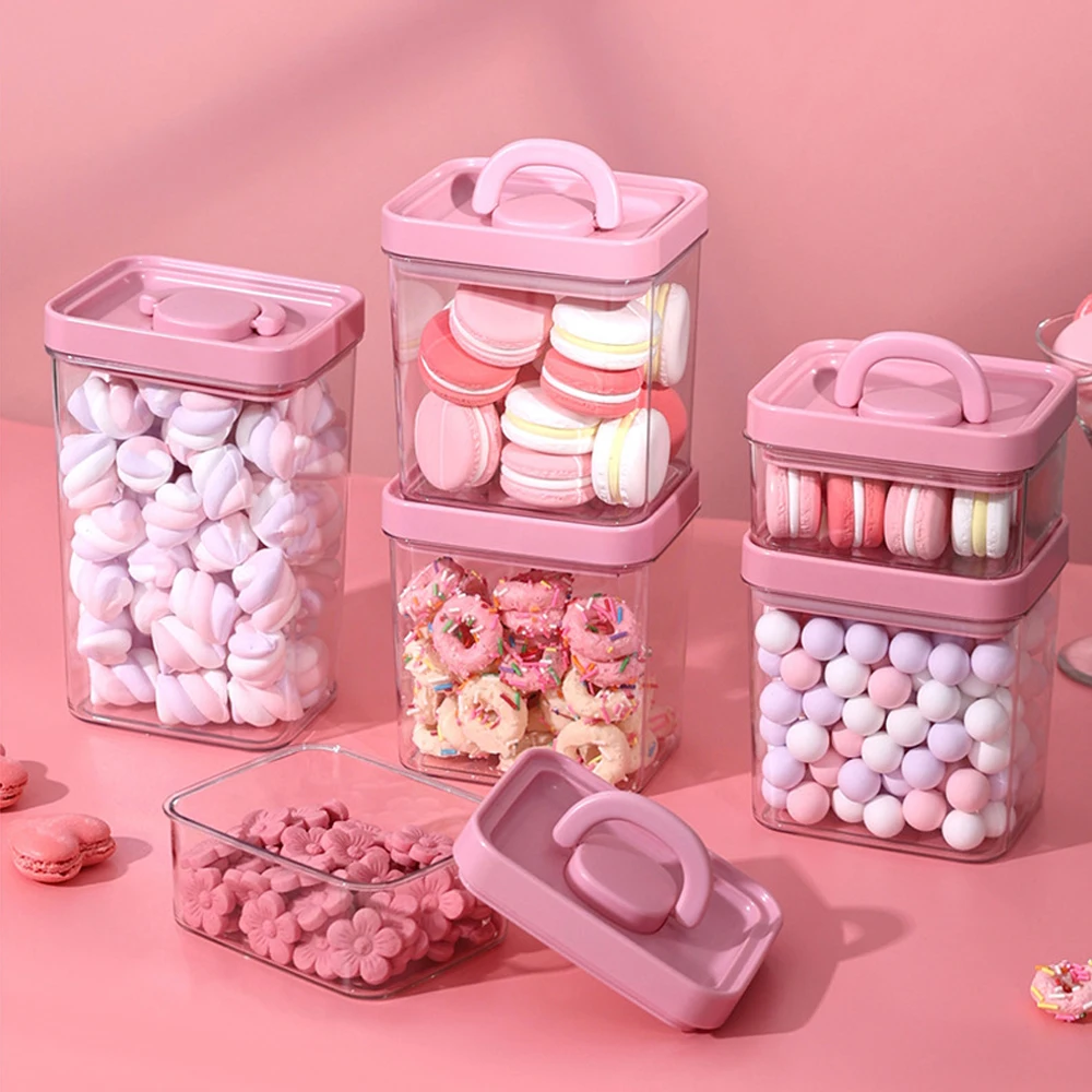 Cute Food Storage Box Pink Candy Jars With Lids Salad Snacks Grain Spice Sealed Storage Pots For Kitchen Storage Organization