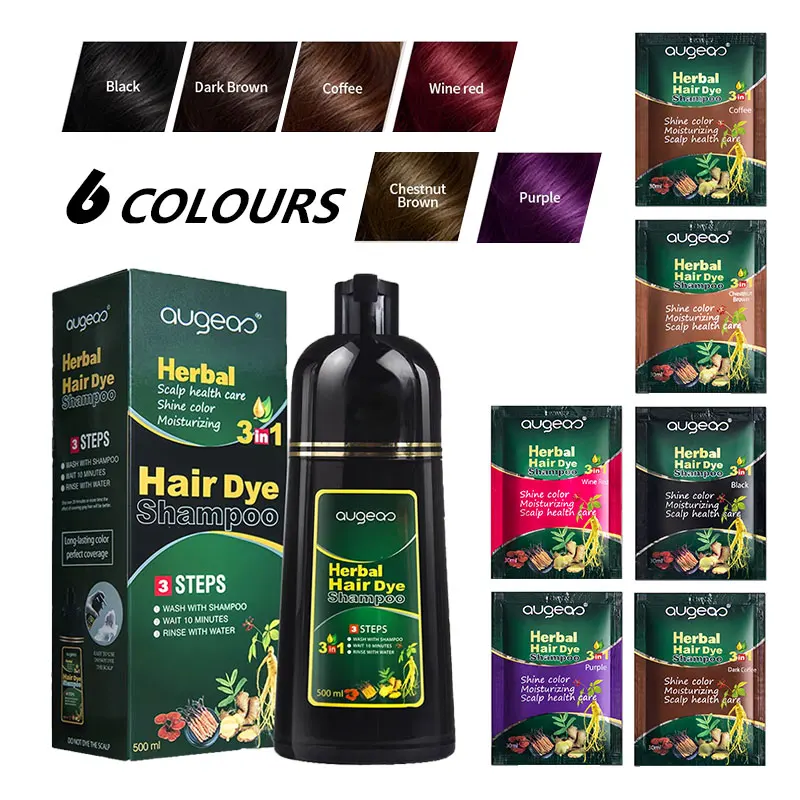 Champú de tinte para el cabello de plantas naturales a base de hierbas, cabello gris rápido teñido en negro, 6 colores, café, rojo, morado, Color de cabello para salón y hogar, 30/500ml