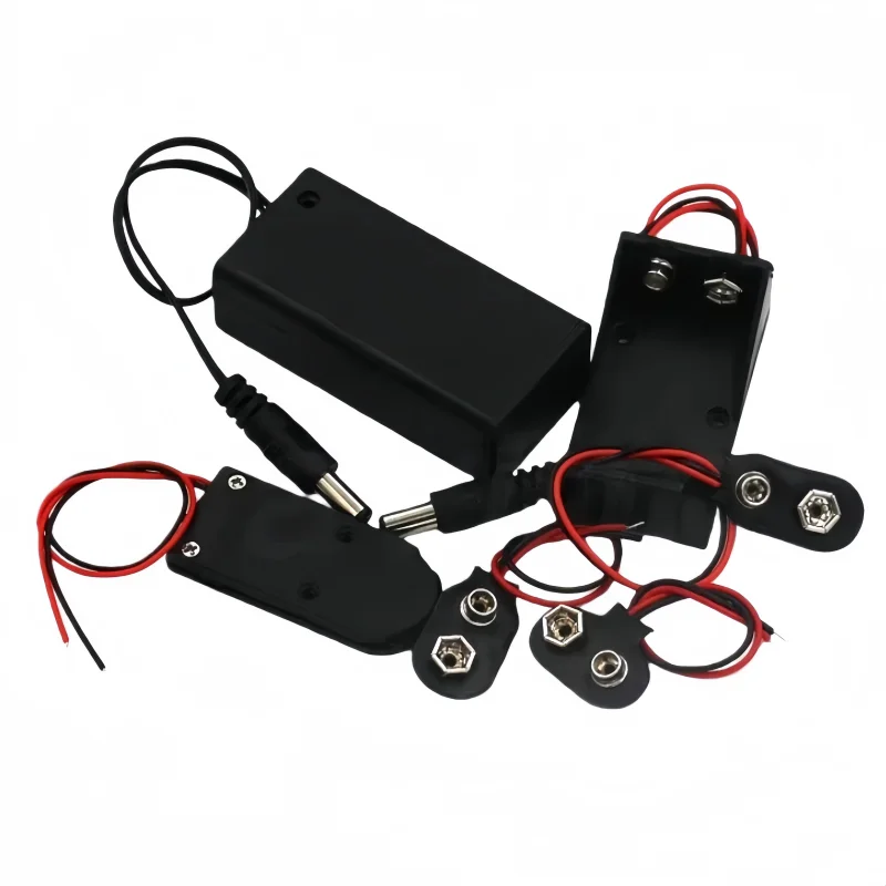 1pcs 9 Volt Box Pack Power Toggle Black 9V Battery Holder I/T Type Battery Clips Connector Buckle with ON/OFF Switch, DC5.5 Plug
