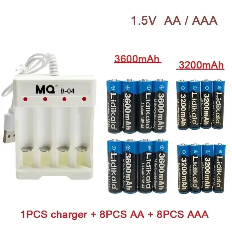 AA 1,5 V AA3600 mAh/AAA 3200 mAh + USB-Ladegerät, alkalischer Akku mit Ladegerät, für Computeruhren, Radios, Videospiele