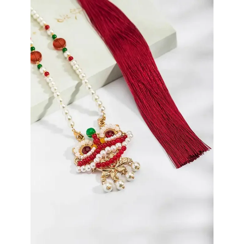 

Chinese Style Hanfu Horse-faced Skirt Accessories Lion Dance Jade or Pearl Necklace Ming Dynasty Long Tassel Necklace Women's