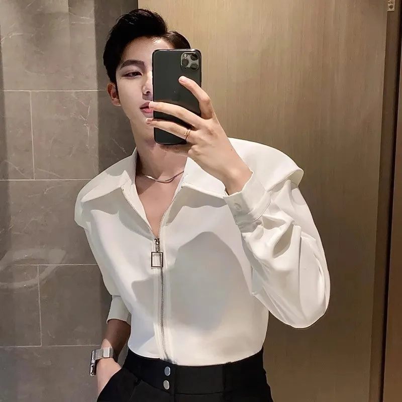 

Ele White Long Sve Men's irt with oulder Pads Metal Zipper Lightweight Luxury Youthful Trend Stand Fit Autumn Wear