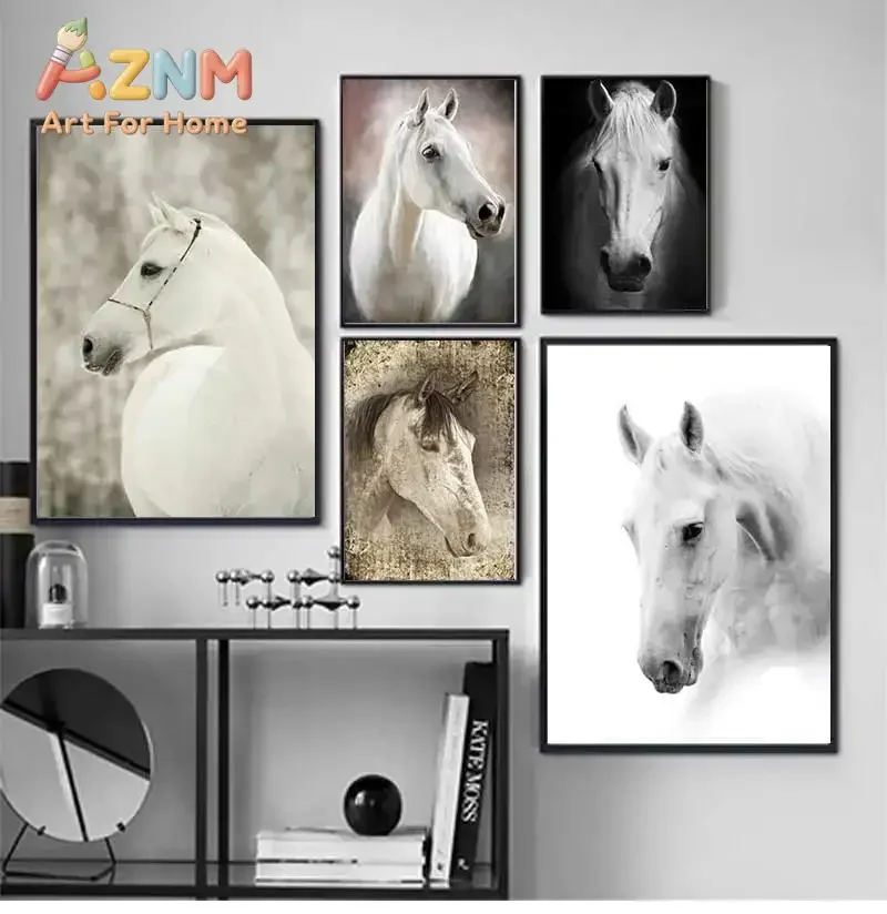 AZNM White Horse Canvas Painting, Elegant Steed Black White Vintage Texture Print, Noble Animal Wall Art, Unframed Canvas Poster