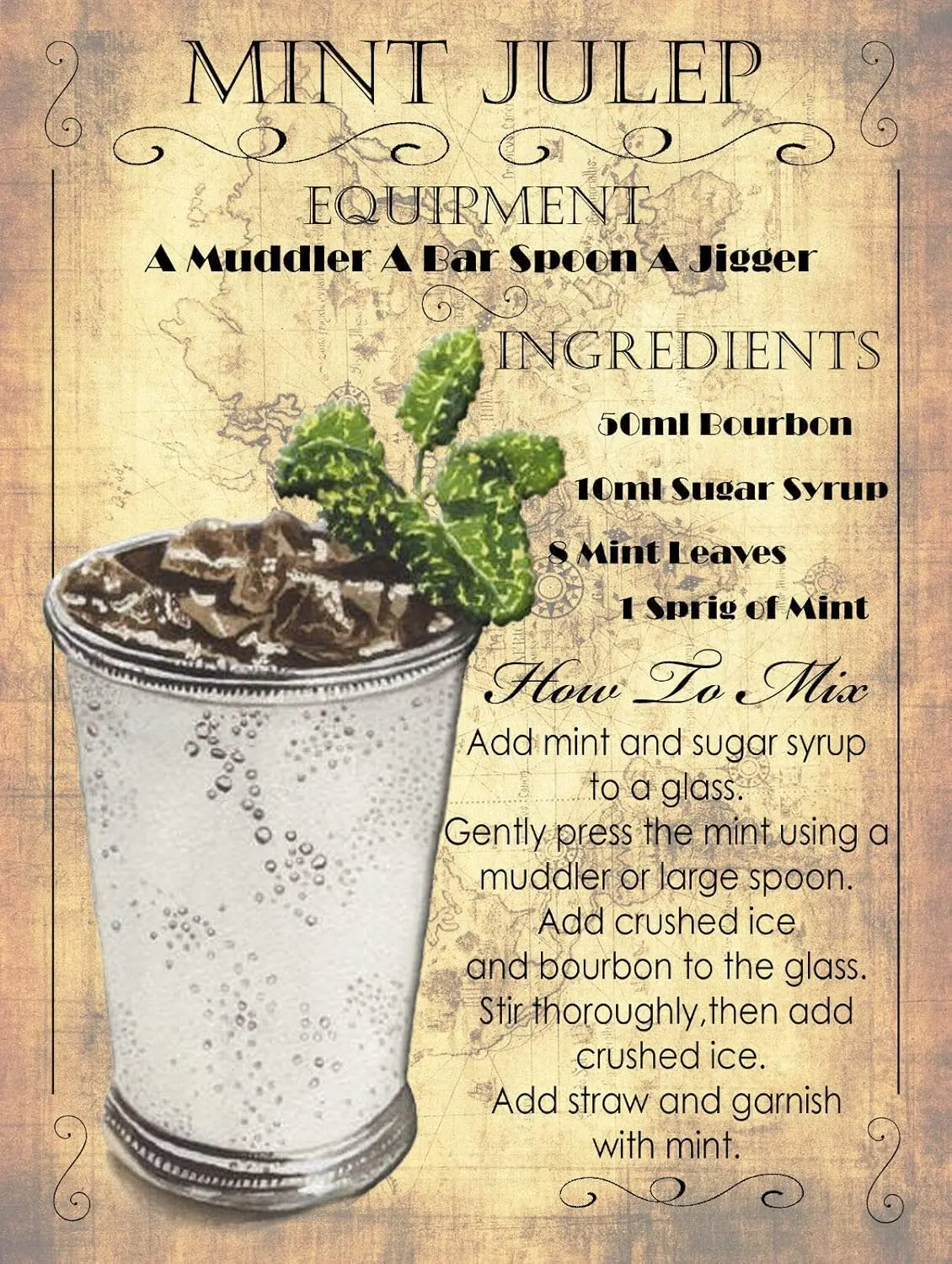 Mint Julep Cocktail Recipe Metal Tin Sign 12x16 Inch Garage Bar Restaurant Club Decor 8x12 Inch