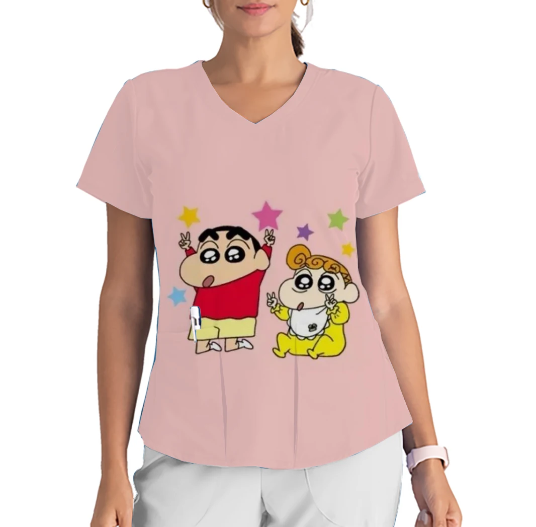 Crayon Shin-chan Anime Kiddie Center Work Clothes V-Neck Print Scrub Top Top Short Sleeve Beauty Salon Work Clothes