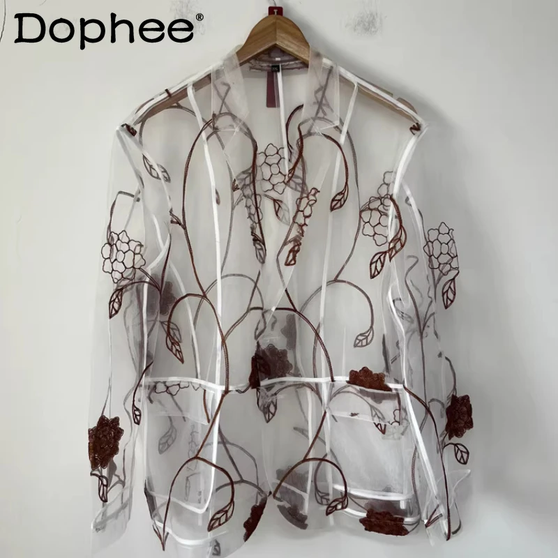

2026 Spring Summer New Fashion Floral Embroidery See-through Mesh Gauze Tailored Coats Comfort Outerwear Tops Men's Suit Jackets