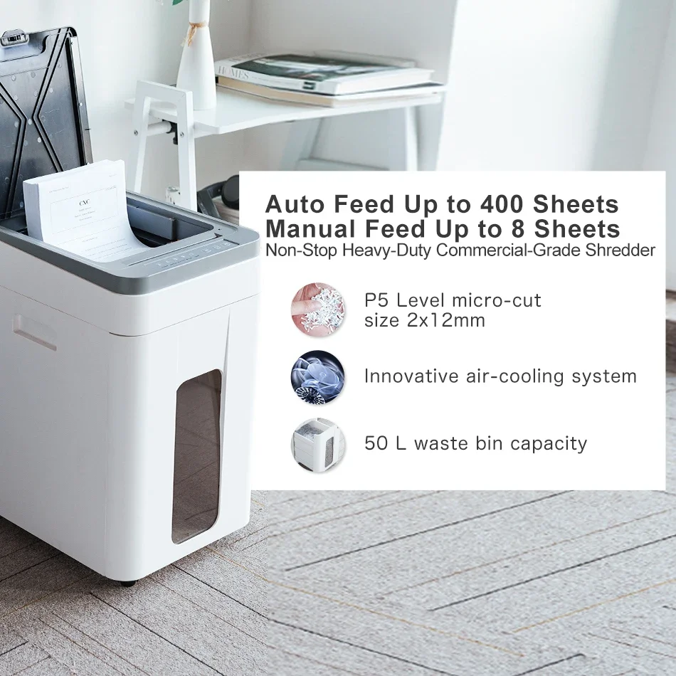 400 Sheets 50Liter Paper Shredder Machine Automatic Non-Stop P5 Level 2*12mm Suitable For Crushing Hospital Office Waste Paper