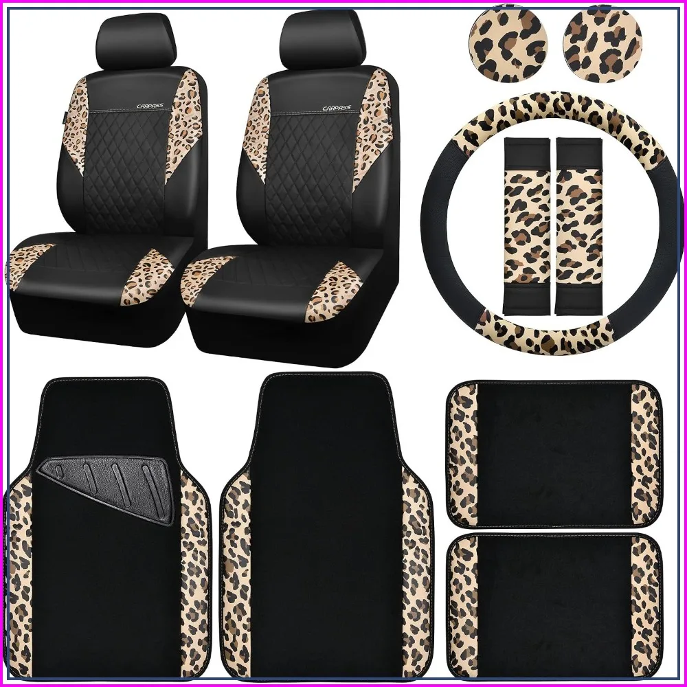 

Leopard Print Faux Leather Car Seat Covers Set with Floor Mats Steering Wheel Cover Universal Fit for SUV Van Truck Auto Interior Accessories