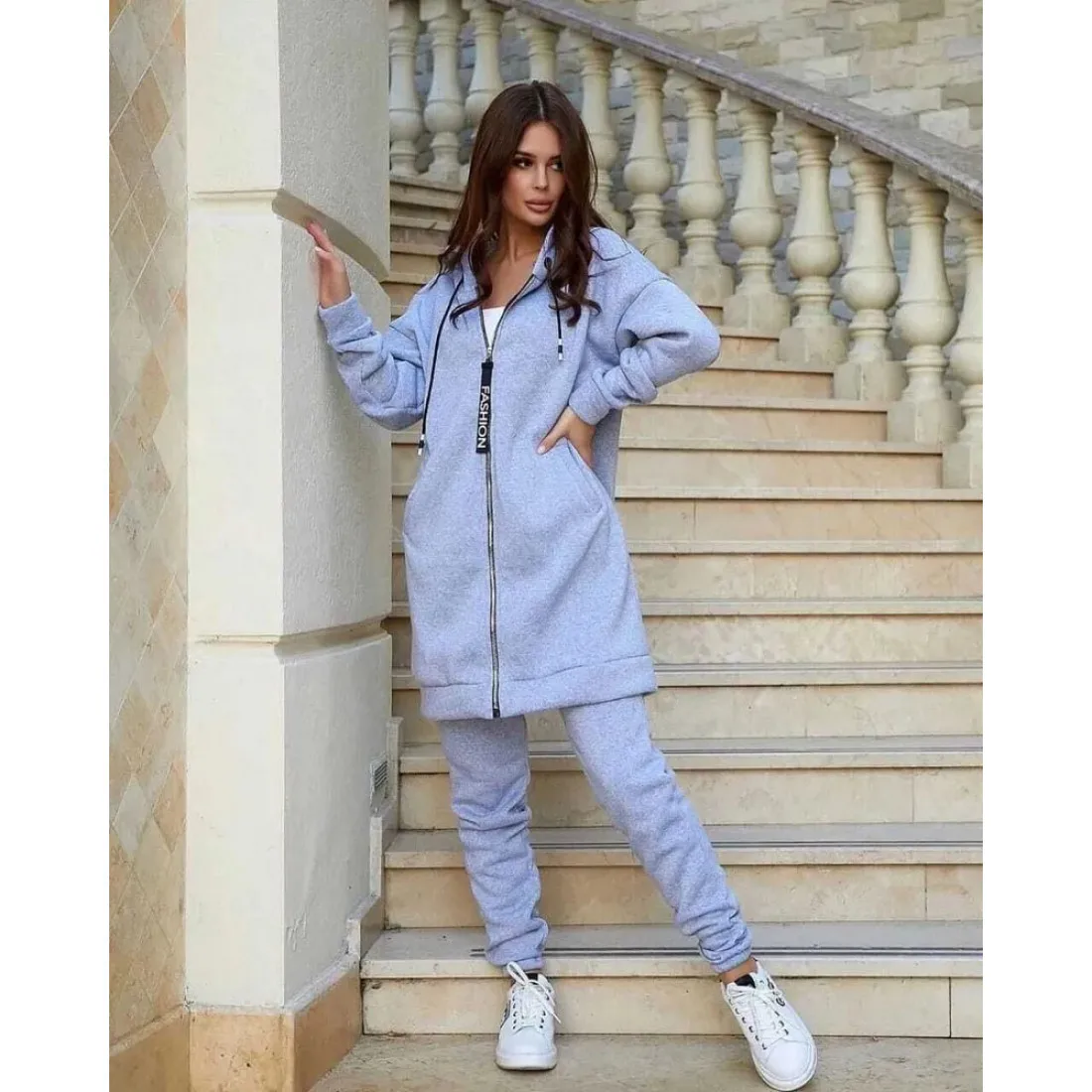 Felpa calda a maniche lunghe con cerniera di nuova moda da donna taglie forti e pantaloni lunghi slim fit casual tinta unita set da due pezzi