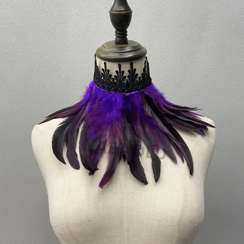Collier ras du cou en plumes noires pour femmes, couverture de cou Sexy en dentelle, Cape Punk, châle, fête Cosplay, plume naturelle avec faux col en dentelle