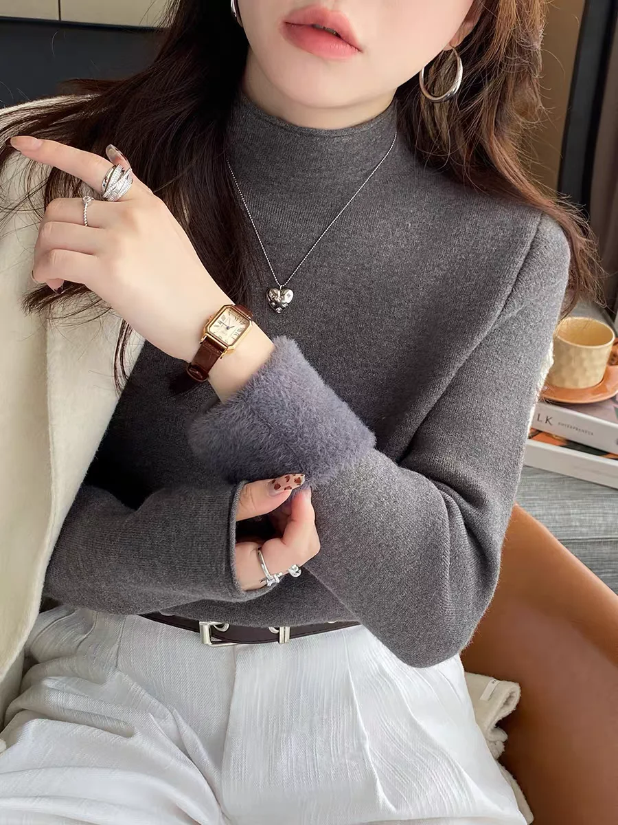 سترة نسائية من قطعة واحدة من Thiened Fce لخريف وشتاء f بياقة عالية طويلة محبوكة irt دافئة جذابة Sle... #4