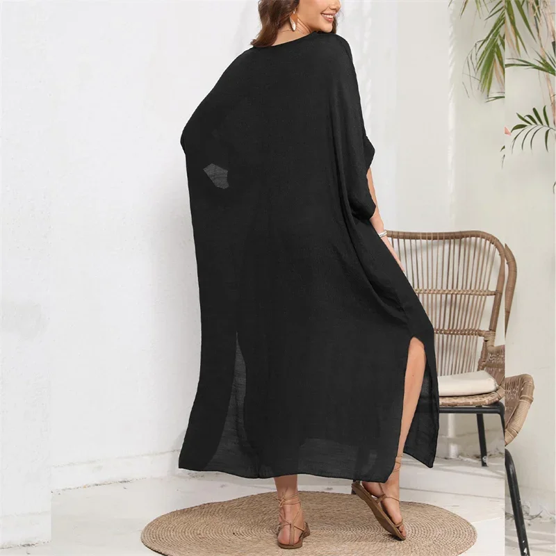 Women Casual Holiday Beach Dress Split Hem Seaside Swimwear Solid Colours Loose Thin Beachwear Female V Neck Half Sleeve Ponchos