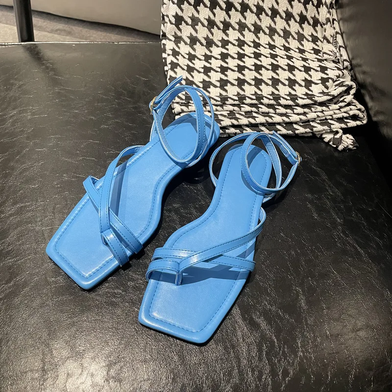 Dave&Di Female Fashion Commuter Leisure Royal Blue Summer Sandals New Square Women Leather Toe Strap Flat Sandals