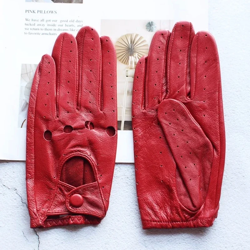Men's Fashion Genuine Leather Breathable Hole Summer Sports Riding Moto Non-slip Gloves Sheepskin Touch Screen Driving Glove