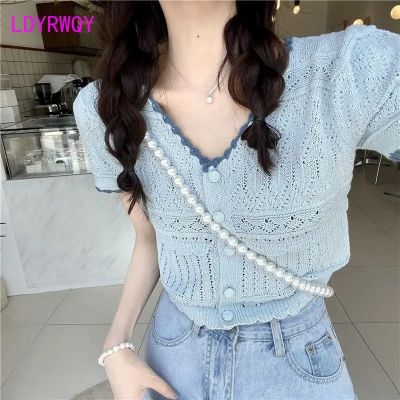 

Hollow out knitted short sleeved beautiful t-shirt women's summer thin cardigan short V-neck