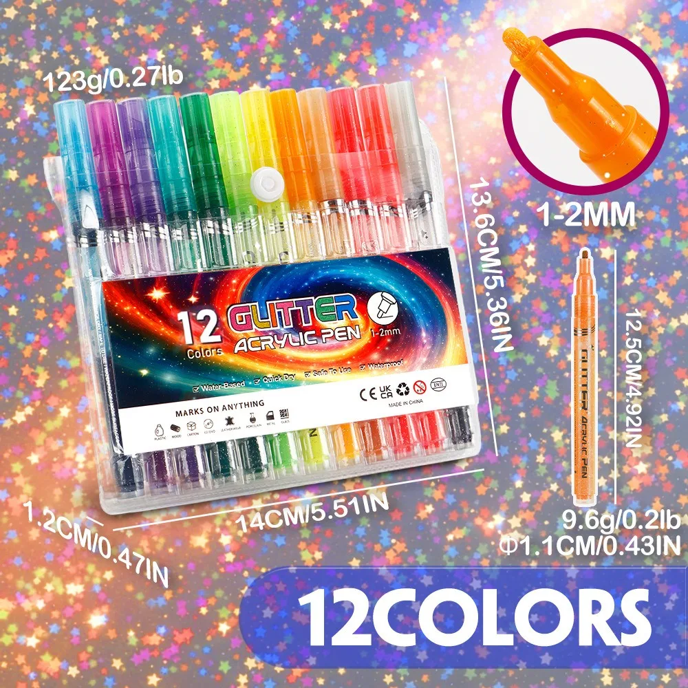 

Easy to Clean 12/24Colors Glitter Pen Water-Based Quick-Drying Acrylic Pen Set DIY Graffiti Drawing Art Markers Pen Art Use