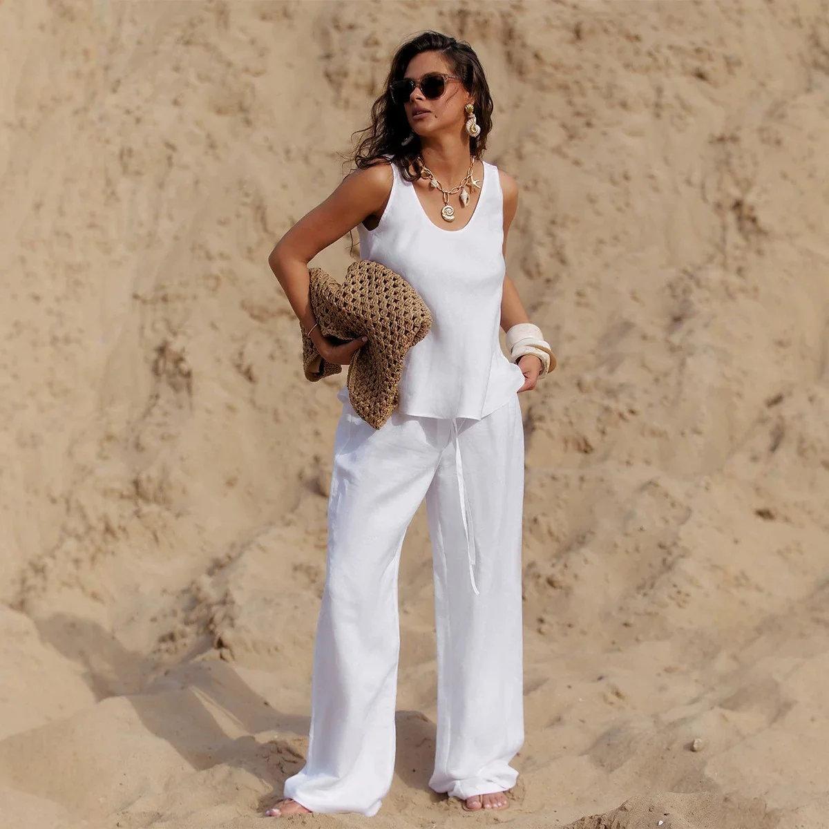 Women Fashion Lazy U Neck Sleeveless Top Solid Simple Casual Pants Set Summer New 2 Piece
