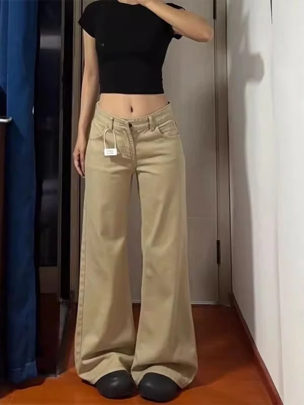 Khaki Low-Waist Bell-Bot-Jeans für Damen in Übergröße, schlankmachende Hüftbedeckung, vielseitige, nicht enge Leggings, Herbst, neue Sle