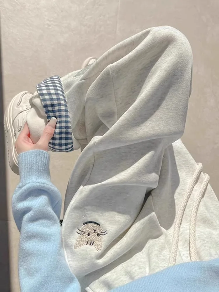 미국 만화 프린트 체크무늬 루즈핏 여성 스포츠 스웨트팬츠 가을 겨울 슬림 와이드 레그 팬츠 하이웨이스트 스트레이트...