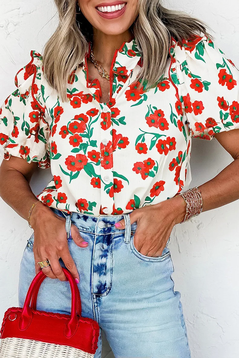 

Summer New Bohemian Floral Print Shirt Blouse Women 2025 European And American Fashion Puff Sleeve Single-breasted Shirt Tops