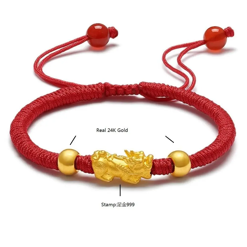 

1pcs 999 24K Yellow Gold Bracelet For Women 3D Pixiu 12*5mm Gold Beads Red String Bracelets