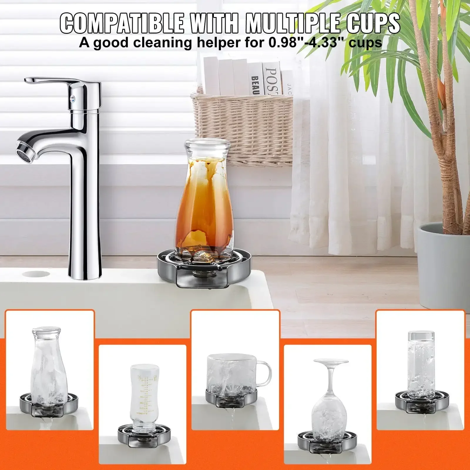 10 Jets de pulvérisation puissants 360 °   Rinceur de tasse rotatif pour évier, lave-tasse de robinet en acier inoxydable 304 avec porte-gobelet ABS