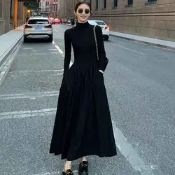 Autumn Hepburn Style Women Dress High Waist Elegant Black Midi Dress Fashion Korean Half High Collar Long Sleeve A Line Dress